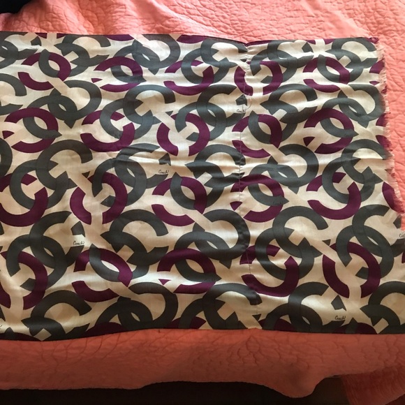 Coach Scarf 53% Silk 47% Cashmere w/ Purple & Grey C - Picture 2 of 7
